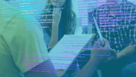 Discussing programming code overlay, people reviewing clipboard in school Stock Footage 306240954