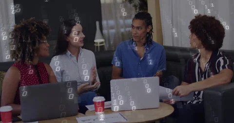 Discussing project, diverse group with binary code animation in school setting Stock Footage 303555210