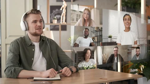 Discussing project online. Multi-ethnic group video call. Business conference Stock Footage 148589935