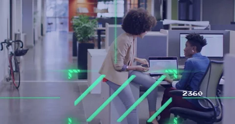 Discussing project over computer, colleagues in office with digital animation Stock Footage 306565086