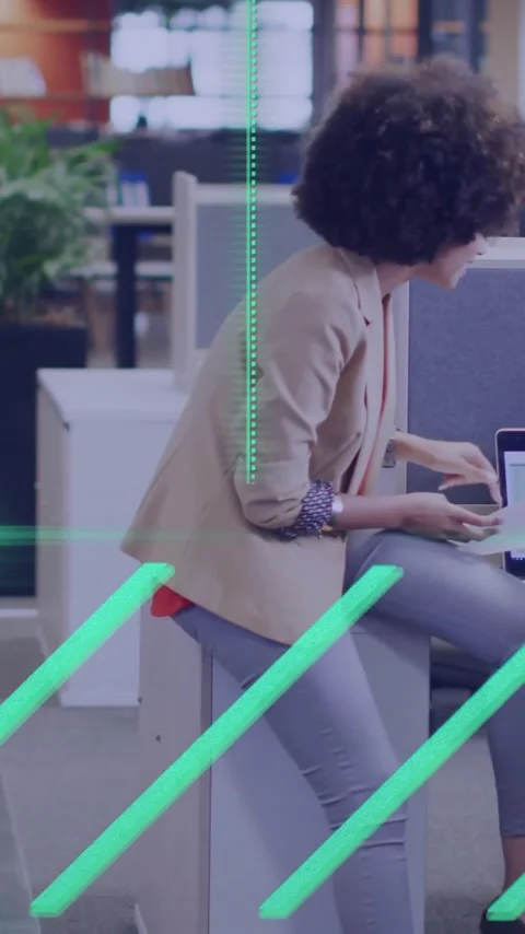 Discussing project over computer, colleagues in office with digital animation Stock Footage 341927914