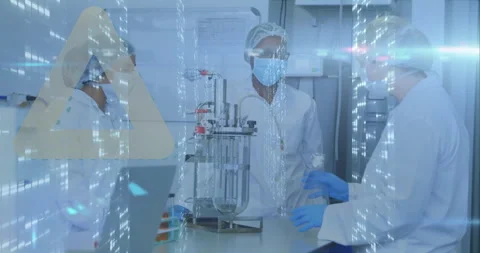 Discussing research, scientists in lab coats using digital animation in Stock Footage 303565502