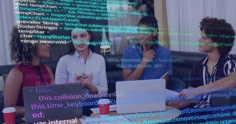 Discussing software developers gesturing, listening in office with laptops and Stock Photos
