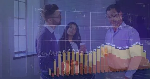 Discussing team analyzing 3D bar and line graphs in office meeting with coffee 스톡 사진