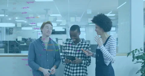Discussing technology, diverse group with code animation in modern school office Stock Footage 306218236