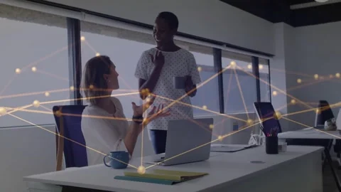 Discussing work, colleagues in office with network and data processing animation Stock Footage 329711098