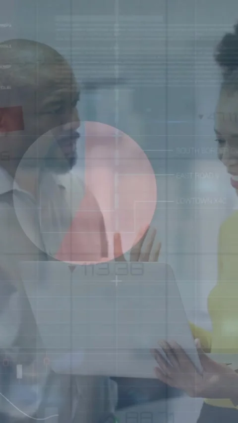 Discussing work in office, diverse professionals with business data analytics Stock Footage 319976052