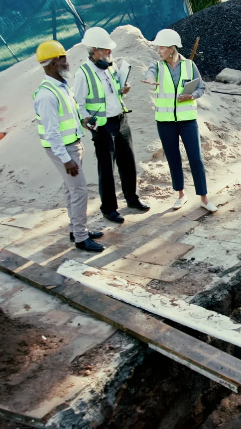 Discussion, group and engineer outdoor for construction, site preparation or Stock Footage 340450361