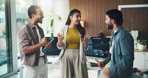 Discussion, high five and team of business people in office with feedback for Stock Footage 329366717