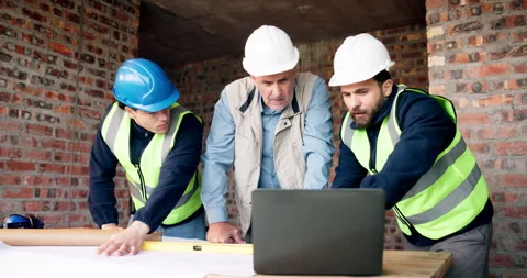 Discussion, laptop and construction workers on site for planning building, Stock Footage 337151453
