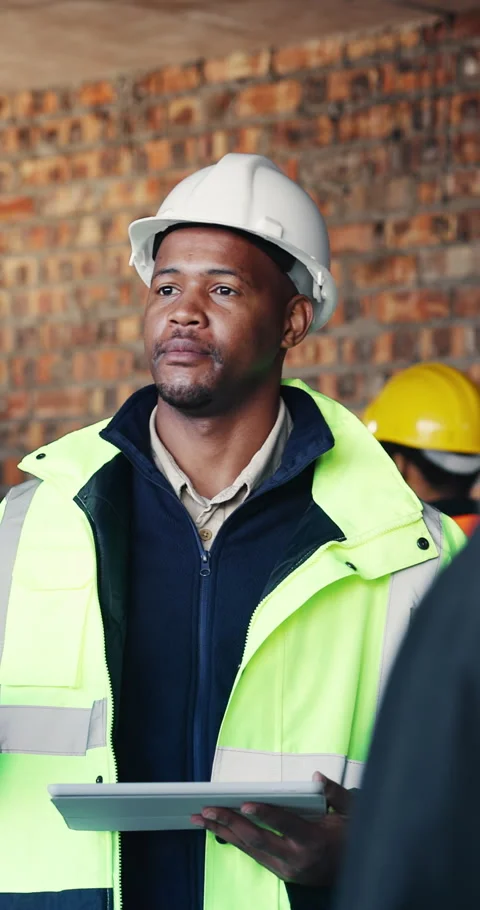 Discussion, man and construction worker on site with planning for renovation, Stock Footage 337038644