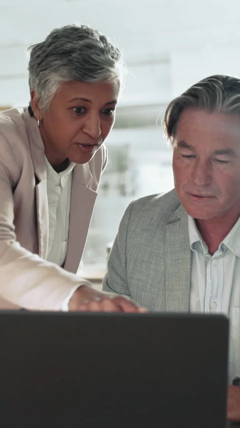 Discussion, manager or people in office with laptop, advice or feedback on Stock Footage 332889078