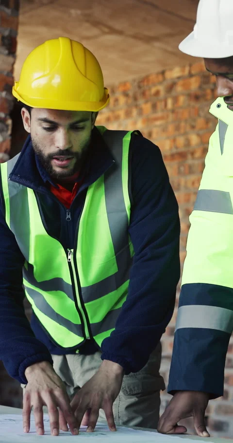 Discussion, men and construction workers with blueprint on site with building, Stock Footage 337032426