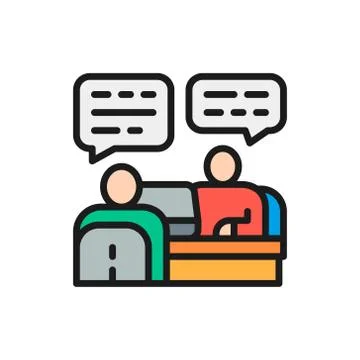 Discussion of project with customer flat color line icon. Stock Illustration