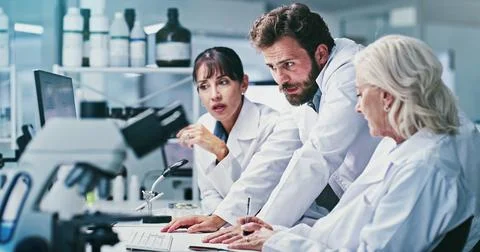 Discussion, science or people with computer in lab, procedure report or pla.. Stock Photos