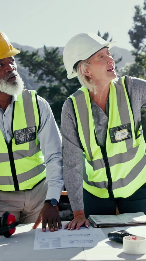 Discussion, team and engineer with floor plan outdoor for construction, site Stock Footage 340450764