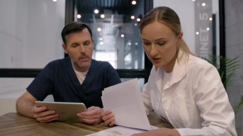 Discussion of two doctors over documents Video stock 274140818