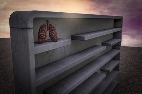 Disease lung inside a maze at sunset magenta sky demonstrating No smoking is Stock Illustration