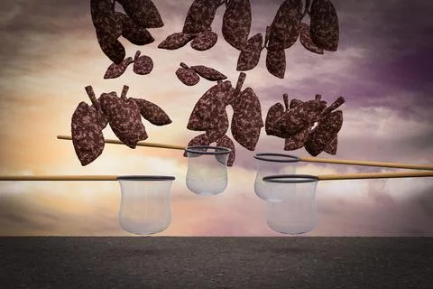 Disease lungs falling from sky and the nets try to catch them at sunset magen Stock Illustration