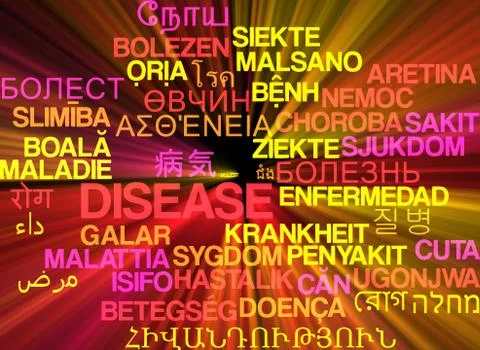Disease multilanguage wordcloud background concept glowing Stock Illustration