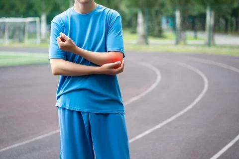 Diseases of the elbow joint, bone fracture and inflammation, athletic man on  Stock Photos
