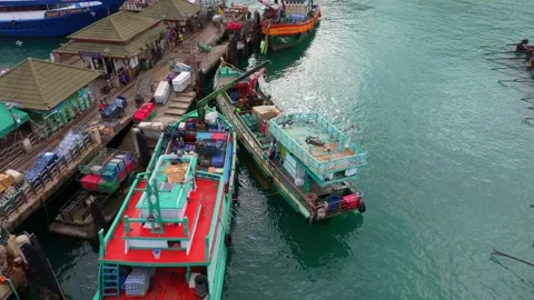 Disembarking tourists fill docks on Phi Phi Island, Thailand Stock Footage 307439414