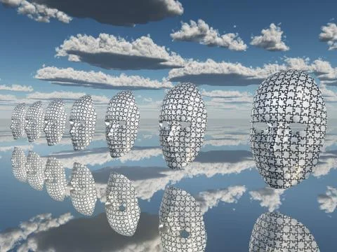 Disembodied puzzled faces hover Illustration