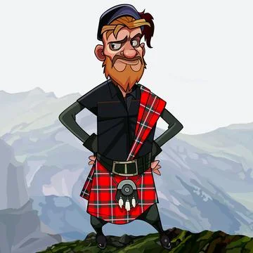 Disgruntled cartoon redhead scottish highlander in kilt stands akimbo high in Stock Illustration