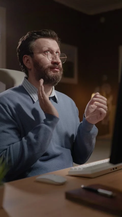 Disgruntled man remote worker at his home office computer applauds sarcastically Vídeos de archivo 337643070