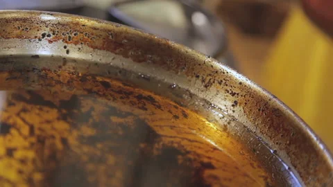 Disgusting kitchen: Dirty Frying Pan On Stove Video stock 152487643