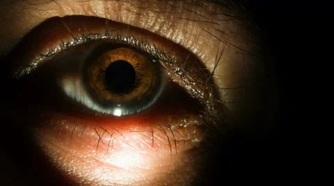 Disgustingly close-up view of eye lit by a flashlight in total darkness Stock Footage 39829364