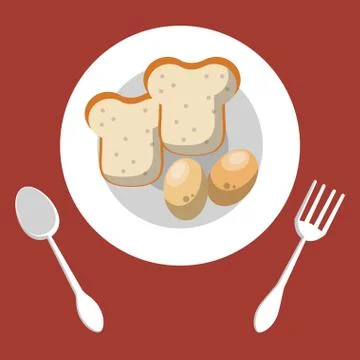 Dish and cutleries with bread and eggs Stock Illustration