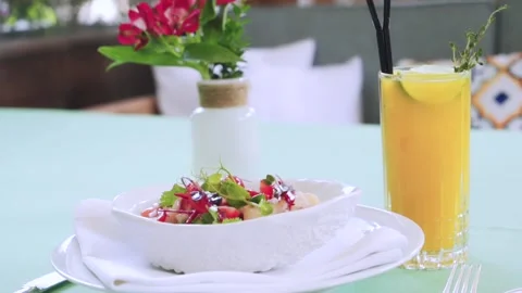 Dish and drink on the table at the restaurant. Stock Footage 143004830