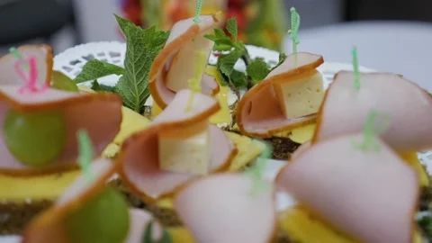 Dish with beef canapes Stock Footage 101779315