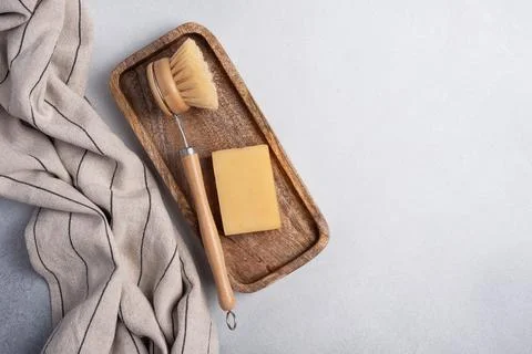 Dish Brush. Zero waste kitchen cleaning concept. Eco friendly natural cleanin Stock Photos