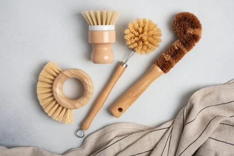 Dish Brushes. Zero waste kitchen cleaning concept. Eco friendly natural clean Stock Photos