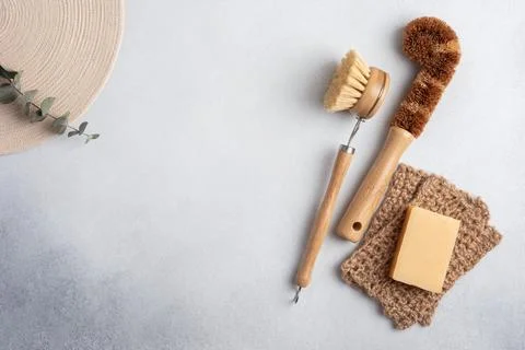 Dish Brushes. Zero waste kitchen cleaning concept. Eco friendly natural clean 库存照片