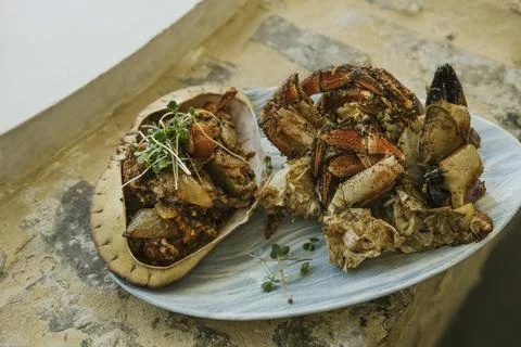 Dish of crabs. Crabs background Stock Photos