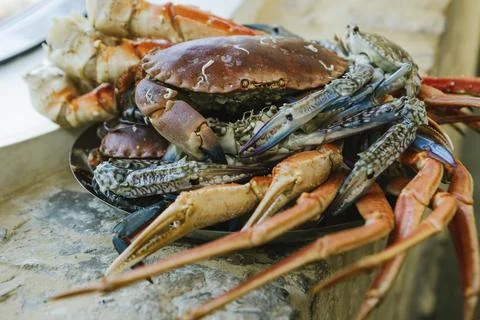 Dish of crabs. Crabs background Stock Photos