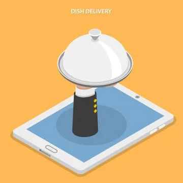 Dish delivery flat isometric vector illustration. Stock Illustration