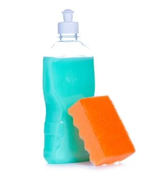 Dish detergent with clean sponge Stock Photos