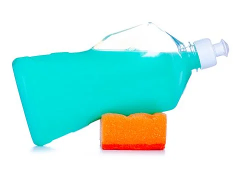 Dish detergent with clean sponge Stock Photos