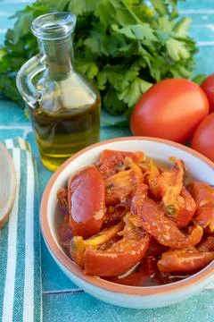 Dish of dried tomatoes Stock Photos