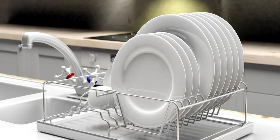 Dish drying rack with white clean plates on a white kitchen sink counter. 3d Stock Illustration