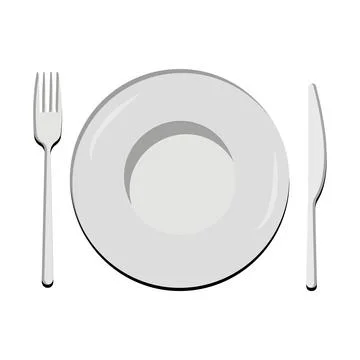 Dish, Empty plate with knife and fork  isolated on a white background Illustrazione stock