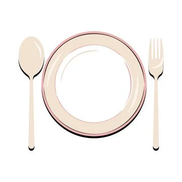 Dish, Empty plate with knife and fork  isolated on a white background Stock Illustration
