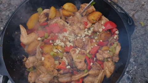 A dish on a fire in a cauldron. The meat is stewed in a cauldron. Chicken meat Stock-Footage 278463166