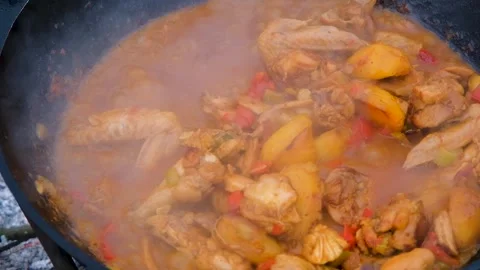 A dish on a fire in a cauldron. Stewing meat in a cauldron. The meat is stewed Stock-Footage 278462936