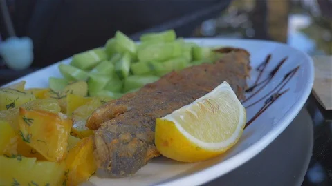 Dish with fish and vegetable garnish Stock Footage 112029820