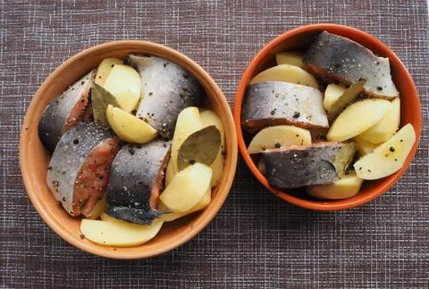 The dish of fish with vegetables is raw. Stock Photos